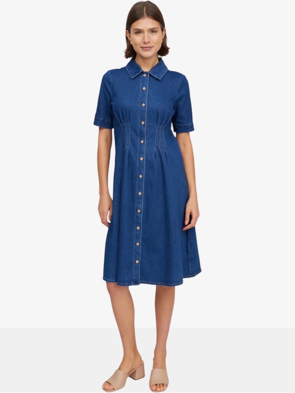 Nina Leonard Pintuck Denim Midi Dress
